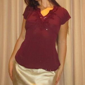 rare vintage burgundy sequin tie waist romantic blouse true vintage